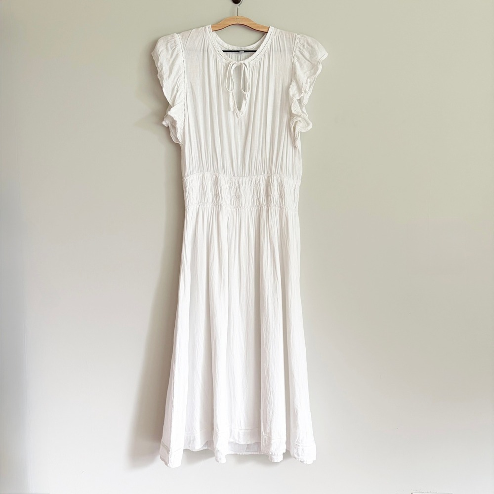 Rails Iona Linen Blend Smocked Midi Dress Size Medium White Lace Detail Cottage